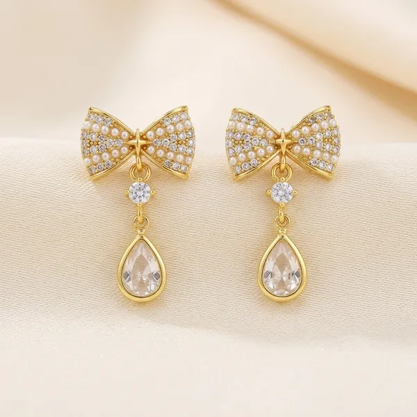 Golden_Plated_Crystal_Bow_Pearl_Teardrop_Drop_Earrings_For_Women