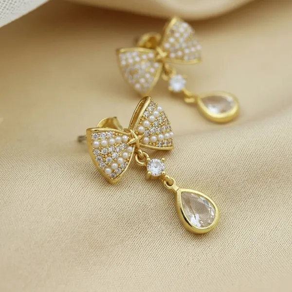 Golden_Plated_Crystal_Bow_Pearl_Teardrop_Drop_Earrings_For_Women