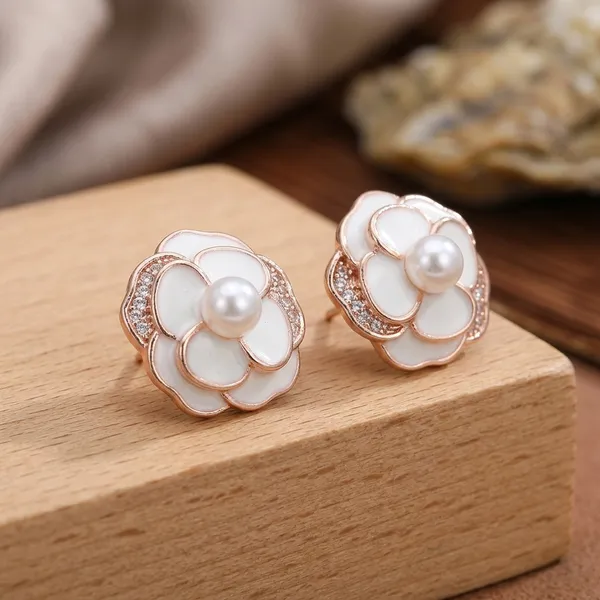 Rose_Gold_Plated_White_Enamel_Flower_Earrings_For_Women