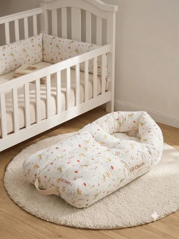Premium_Infant_Nest_Bed_with_Protective_Deer_and_Forest_Woodland_Print_|_Newborn_Lounging_&_Sleeping_Nest