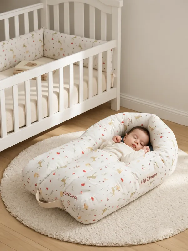 Premium_Infant_Nest_Bed_with_Protective_Deer_and_Forest_Woodland_Print_|_Newborn_Lounging_&_Sleeping_Nest