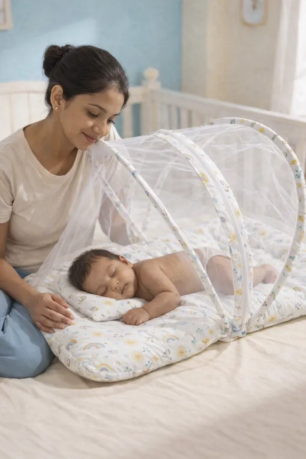 Pure_Muslin_Sun_&_Rainbow_Print_Foldable_Mosquito_Net_Bed_For_Infants