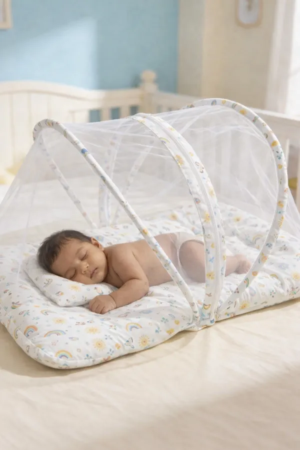 Pure_Muslin_Sun_&_Rainbow_Print_Foldable_Mosquito_Net_Bed_For_Infants