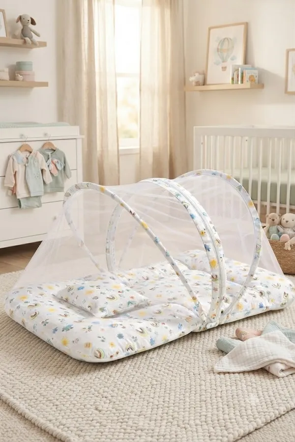Pure_Muslin_Sun_&_Rainbow_Print_Foldable_Mosquito_Net_Bed_For_Infants