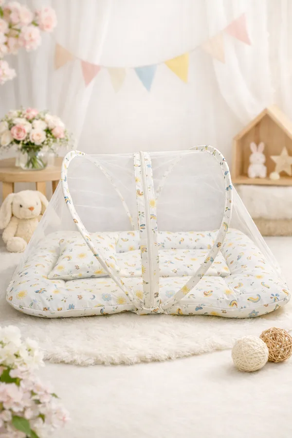Pure_Muslin_Sun_&_Rainbow_Print_Foldable_Mosquito_Net_Bed_For_Infants