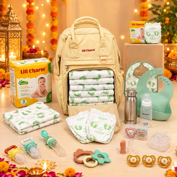 Lill_Charm_Premium_Diwali_Baby_Care_Gift_Hamper_–_Complete_Newborn_&_Infant_Essentials_Kit_with_Diaper_Backpack,_Diapers,_Feeding_Bottles,_Bibs,_Pacifiers,_Teethers_&_Grooming_Accessories_|_All-in-One_Baby_Shower,_Festive_&_Diwali_Gift_Set