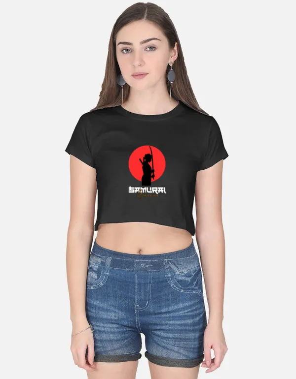Black_Cotton_Crop_Samurai_Warrior_Graphic_T_Shirt_For_Women