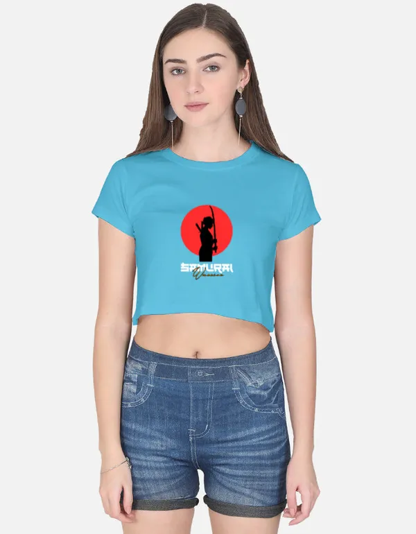 Sky_Blue_Cotton_Cropped_Samurai_Graphic_T_Shirt_For_Women