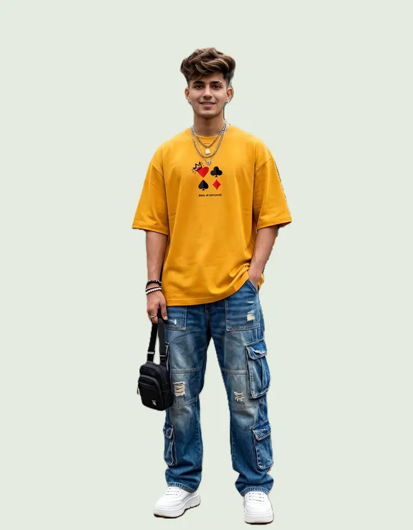 Golden_Yellow_Cotton_Oversized_Queen_Card_Graphic_T_Shirt_For_Men
