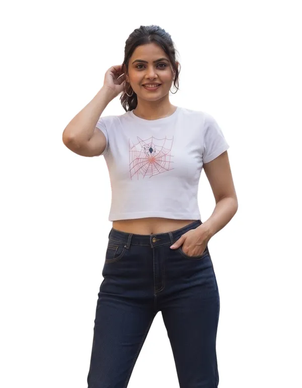 Women's_White_Graphic_Print_Crop_Top_with_Black_Spider_&_Red_Web_|__Spider_Streetwear_Series