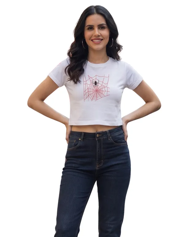 Women's_White_Graphic_Print_Crop_Top_with_Black_Spider_&_Red_Web_|__Spider_Streetwear_Series