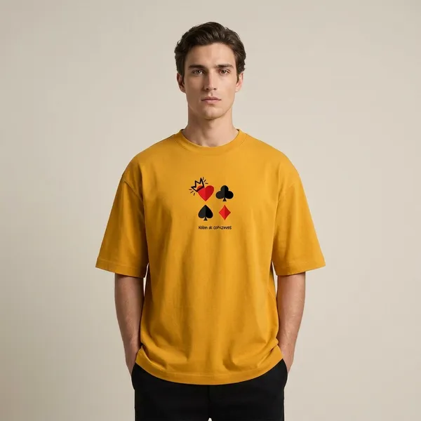 Golden_Yellow_Cotton_Oversized_Queen_Card_Graphic_T_Shirt_For_Men