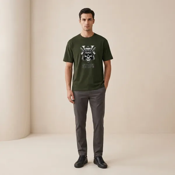 Olive_Green_Cotton_Regular_Fit_Samurai_Skull_Graphic_T_Shirt_For_Men