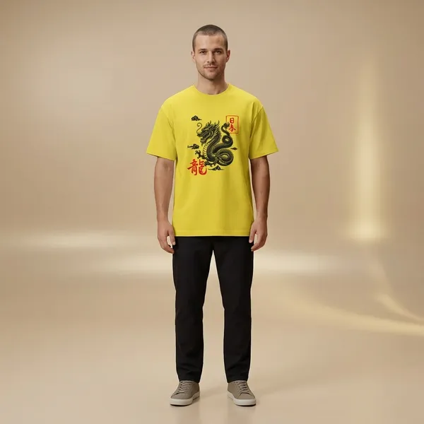 Yellow_Cotton_Regular_Fit_Japanese_Dragon_Graphic_T_Shirt_For_Men