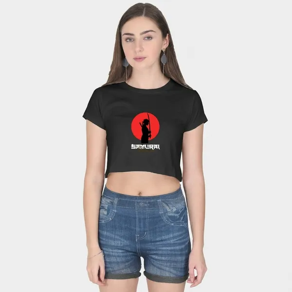 Black_Cotton_Crop_Samurai_Warrior_Graphic_T_Shirt_For_Women