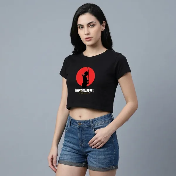 Black_Cotton_Crop_Samurai_Warrior_Graphic_T_Shirt_For_Women