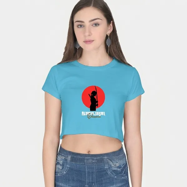 Sky_Blue_Cotton_Cropped_Samurai_Graphic_T_Shirt_For_Women