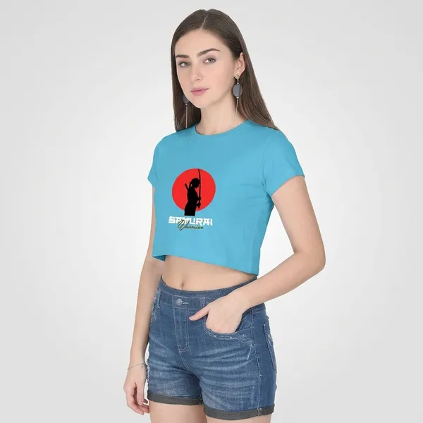 Sky_Blue_Cotton_Cropped_Samurai_Graphic_T_Shirt_For_Women