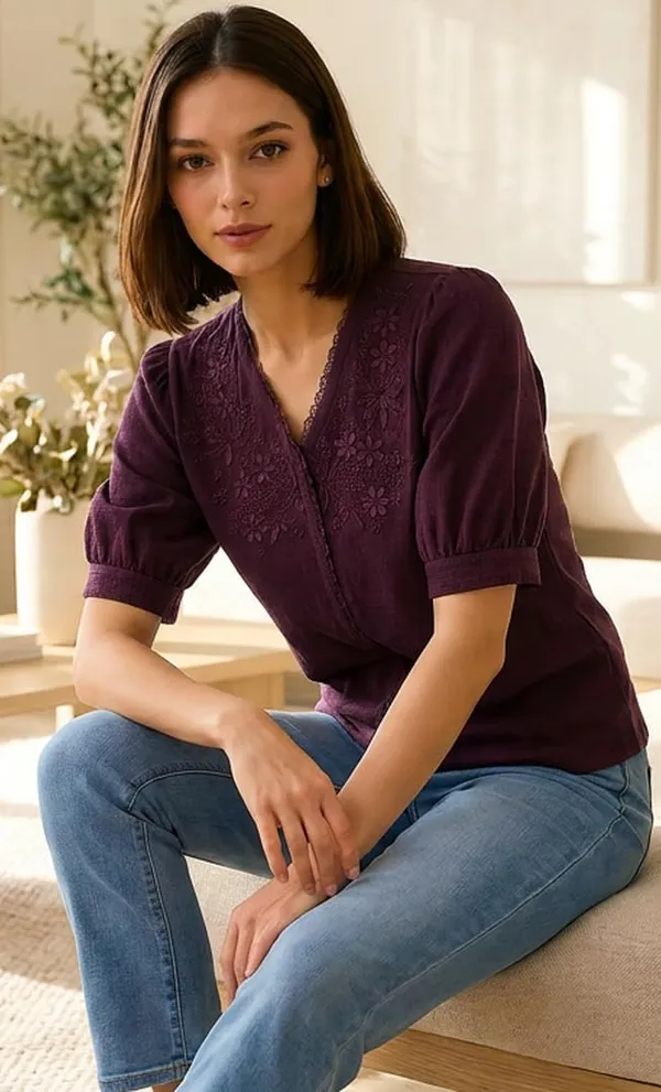 Women_Cotton_Blend_V_Neck_Tunic_Top