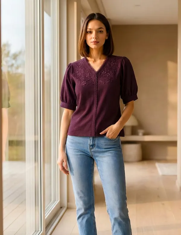 Women_Cotton_Blend_V_Neck_Tunic_Top