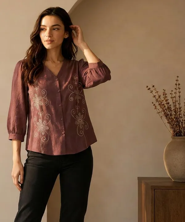 Women_Cotton_Blend_V_Neck_Tunic_Top