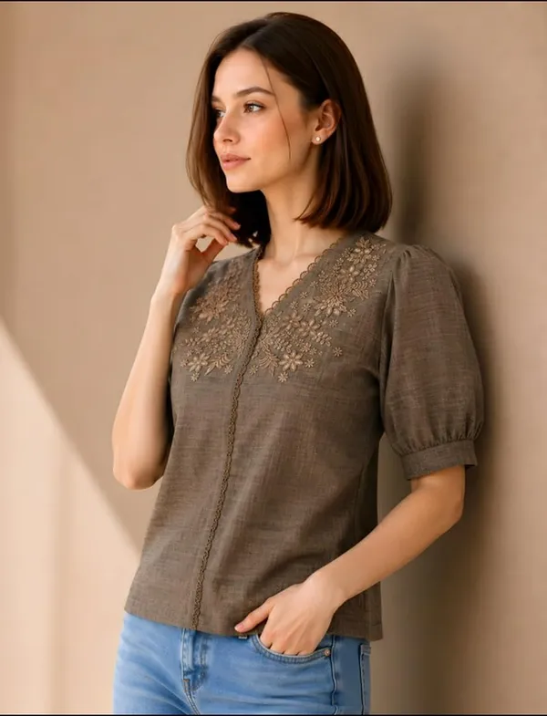 Women_Cotton_Blend_V_Neck_Tunic_Top