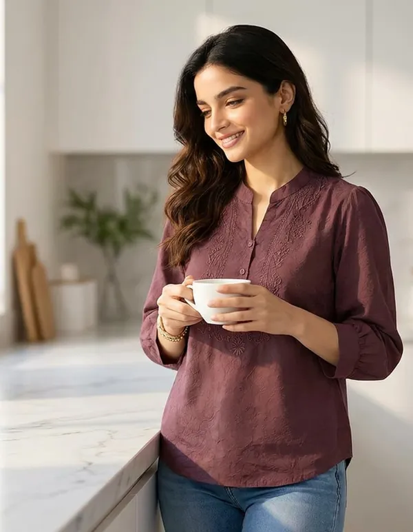 Women_Cotton_Blend_Mandarin_Collar_Tunic_Top