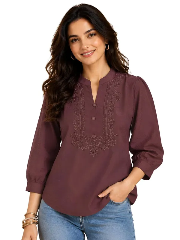 Women_Cotton_Blend_Mandarin_Collar_Tunic_Top