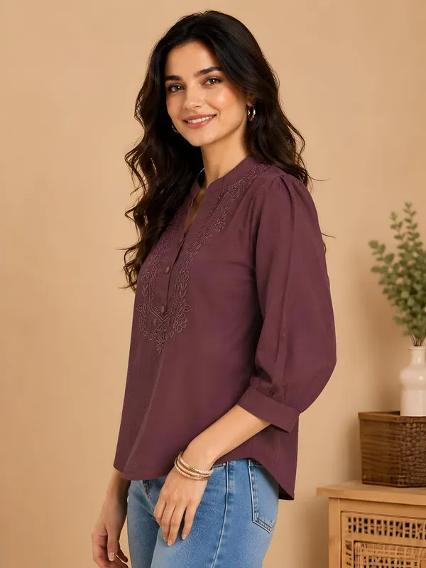 Women_Cotton_Blend_Mandarin_Collar_Tunic_Top