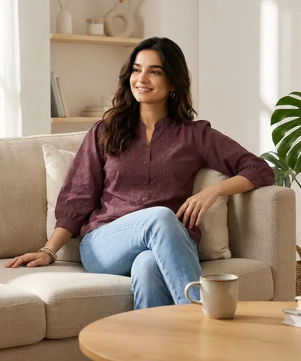 Women_Cotton_Blend_Mandarin_Collar_Tunic_Top