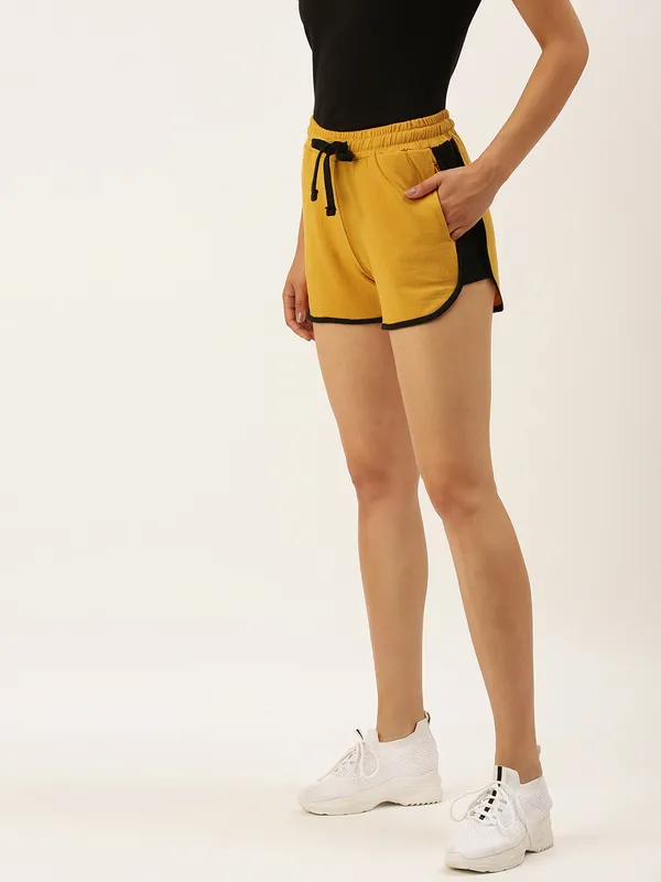 Mustard_Yellow_Cotton_Drawstring_Shorts_For_Women