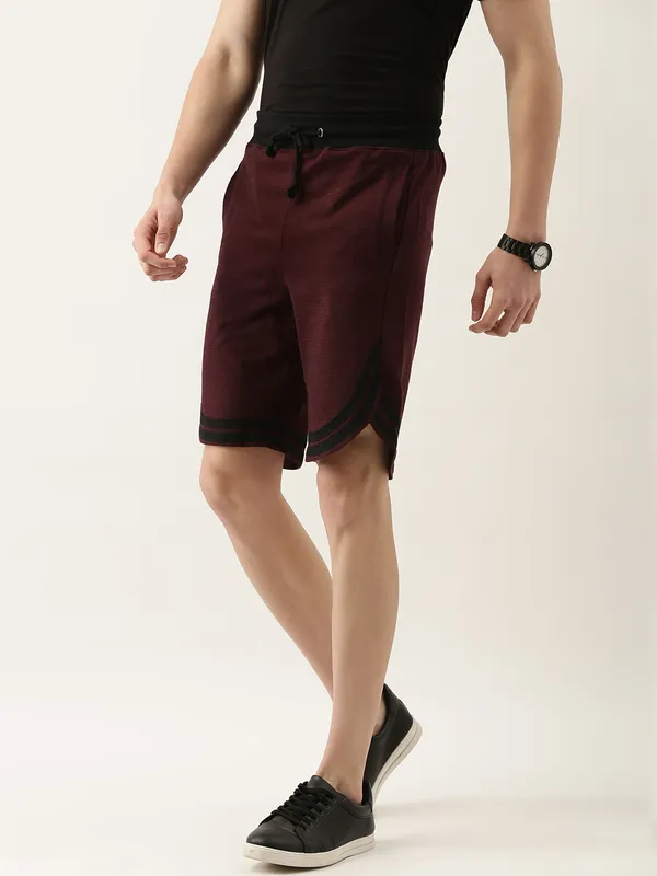 Maroon_Textured_Knit_Black_Contrast_Trim_Shorts_For_Men
