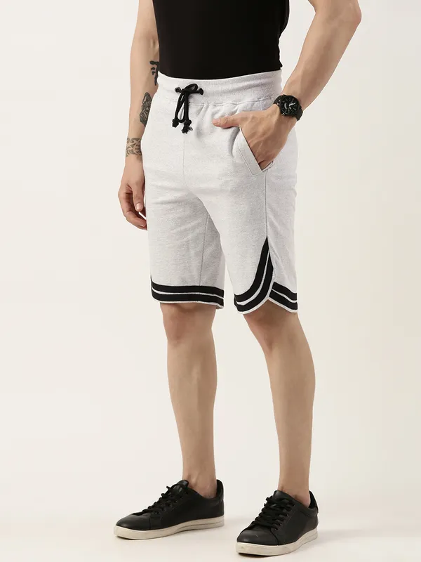 White_And_Black_Striped_Hem_Cotton_Blend_Sports_Shorts_For_Men