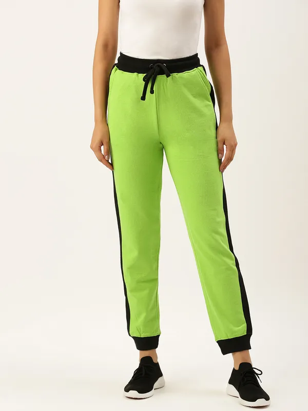 Neon_Green_And_Black_Panel_Cotton_Blend_Joggers_For_Women