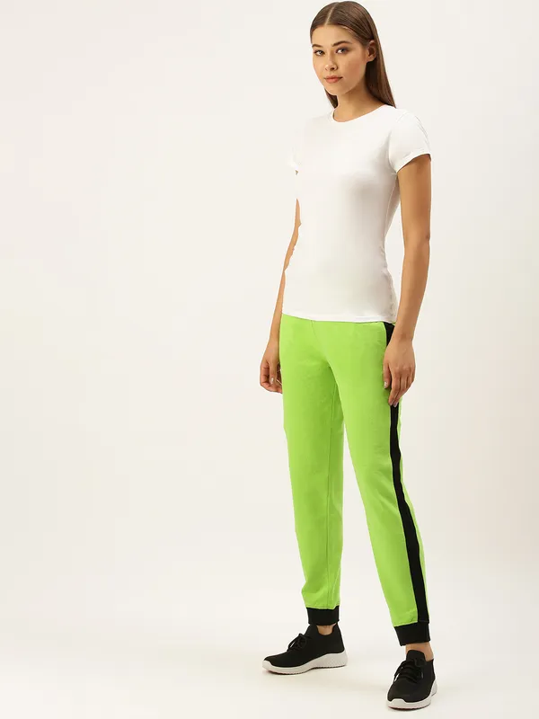 Neon_Green_And_Black_Panel_Cotton_Blend_Joggers_For_Women
