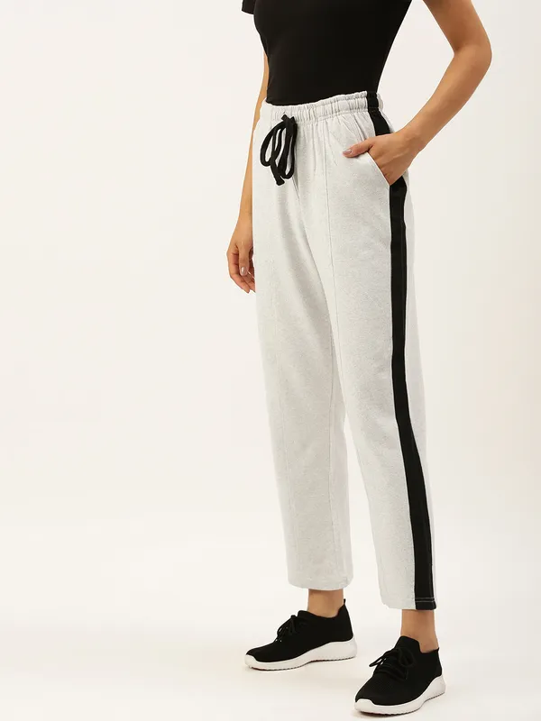 White_Cotton_Blend_Striped_Track_Pants_For_Women