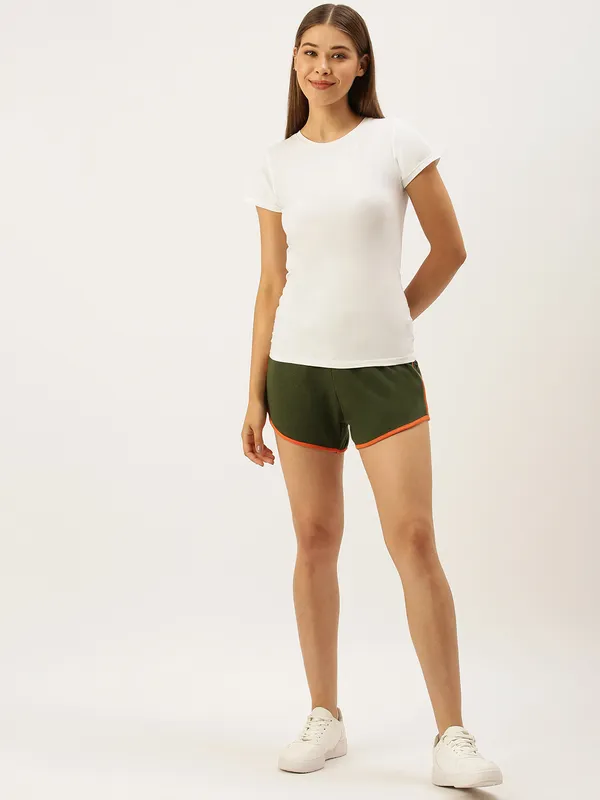 Olive_Green_Cotton_Blend_Orange_Trim_Shorts_For_Women