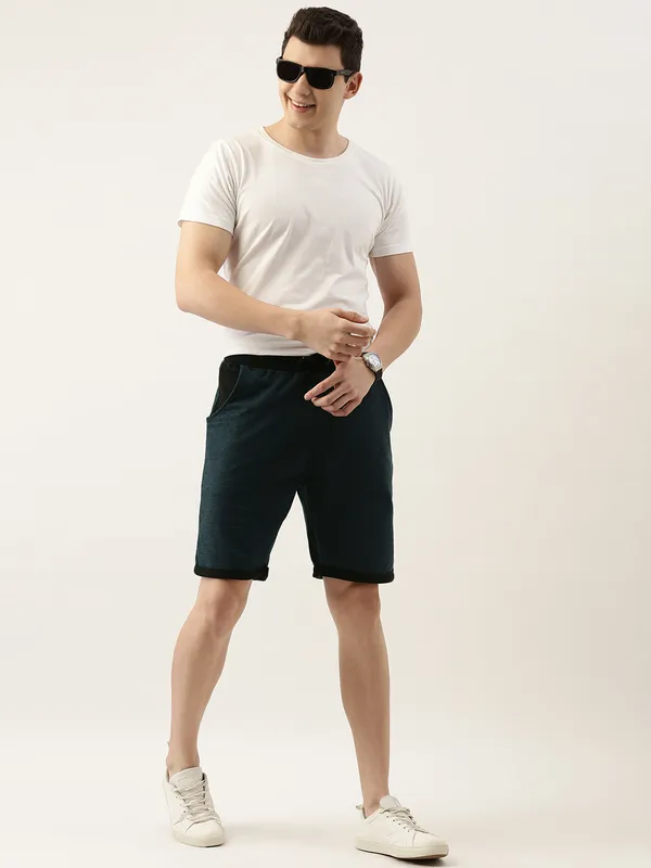 Teal_And_Black_Cotton_Blend_Drawstring_Shorts_For_Men