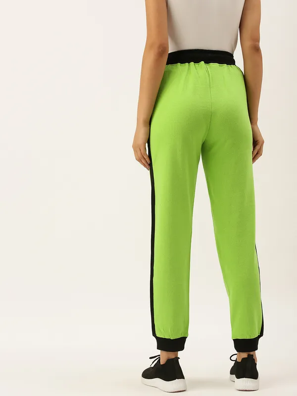 Neon_Green_And_Black_Panel_Cotton_Blend_Joggers_For_Women