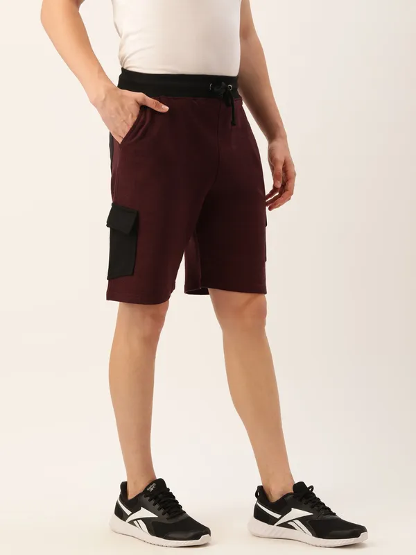 Maroon_And_Black_Cotton_Blend_Contrast_Trim_Shorts_For_Men