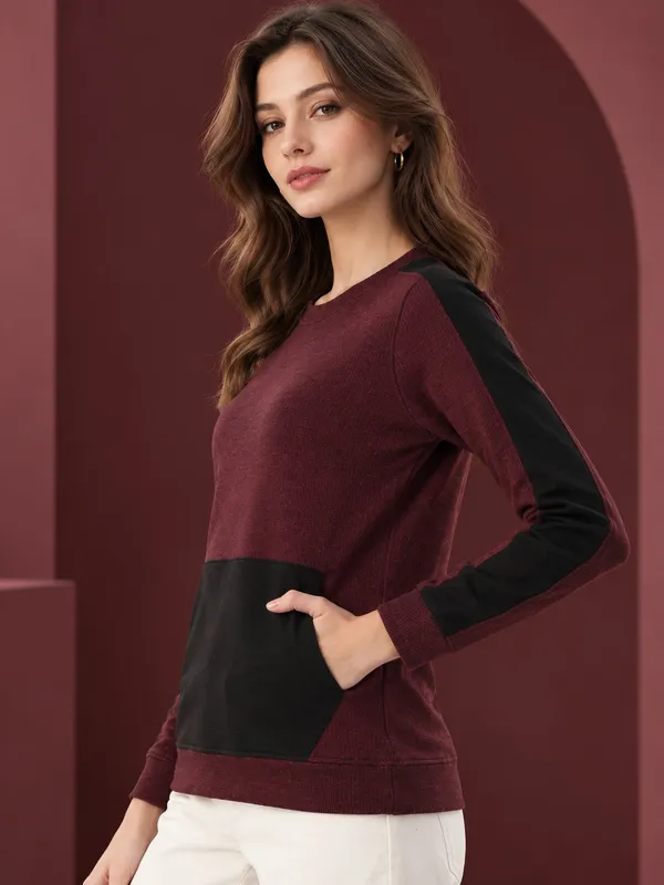 Burgundy_Contrast_Panel_Crew_Neck_Sweatshirt_for_Men_And_Women