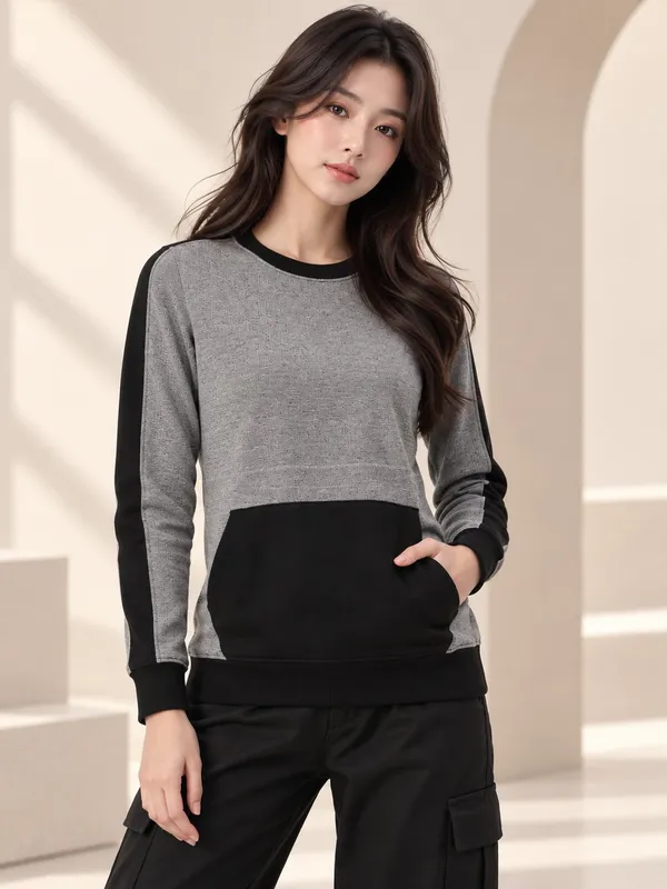 Grey_Knit_Contrast_Panel_Sweatshirt_For_Women