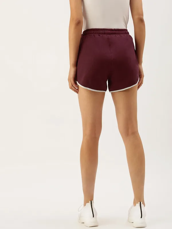 Maroon_And_White_Trim_Cotton_Blend_Sports_Shorts_For_Women