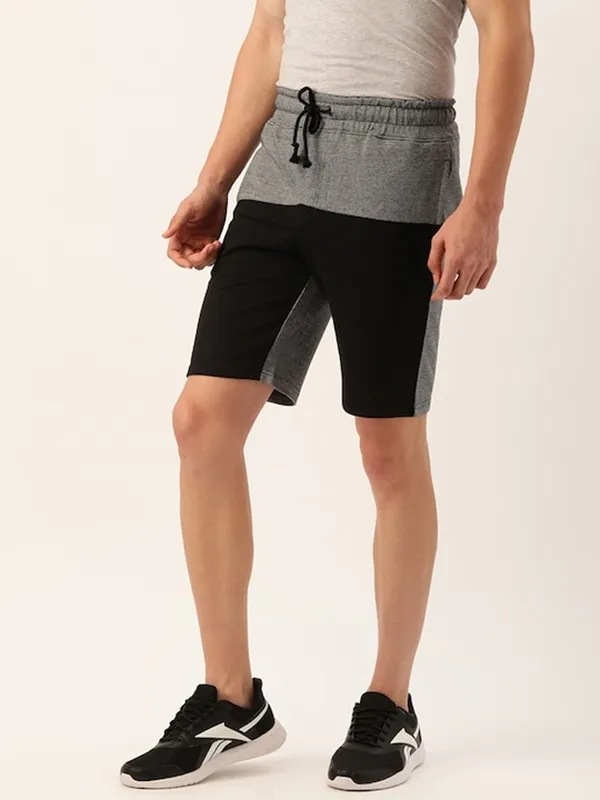 Grey_And_Black_Cotton_Blend_Elasticated_Waist_Shorts_For_Men