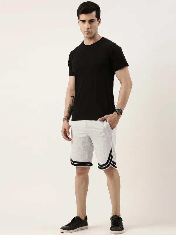 White_And_Black_Striped_Hem_Cotton_Blend_Sports_Shorts_For_Men