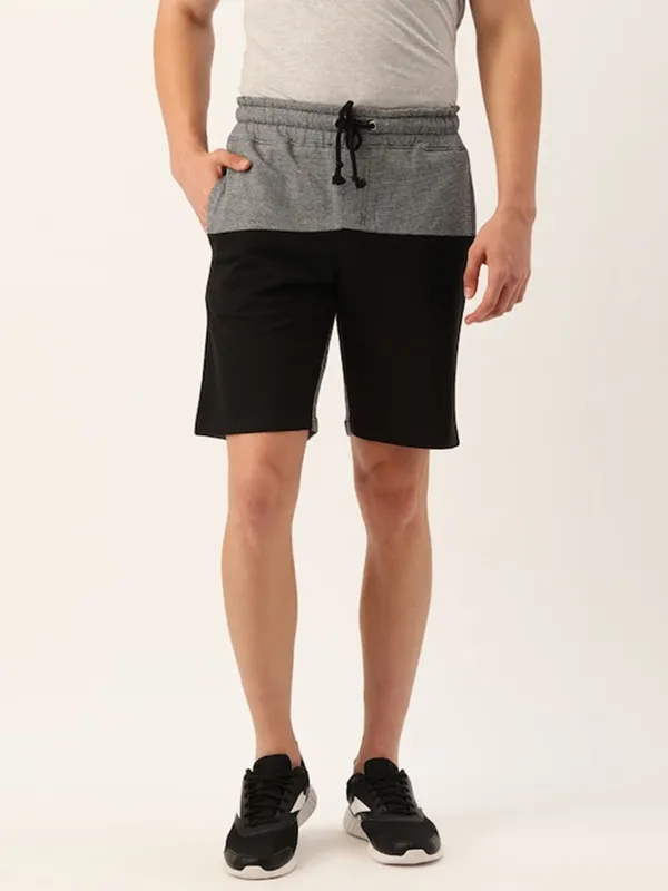 Grey_And_Black_Cotton_Blend_Elasticated_Waist_Shorts_For_Men