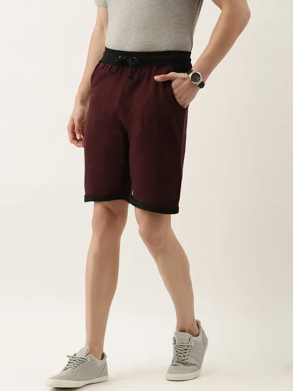 Maroon_And_Black_Knit_Contrast_Trim_Shorts_For_Men
