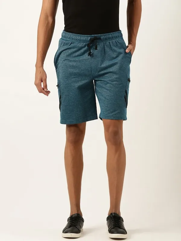 Teal_Blue_Heathered_Cotton_Blend_Cargo_Shorts_For_Men