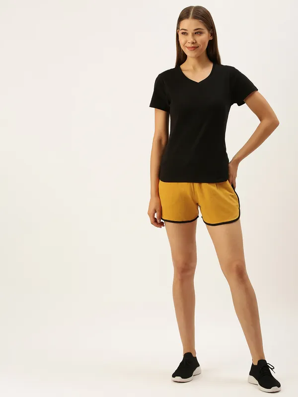 Mustard_Yellow_And_Black_Trim_Cotton_Blend_Sports_Shorts_For_Women