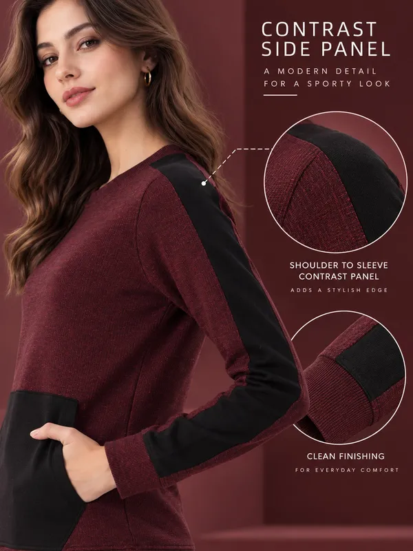 Burgundy_Contrast_Panel_Crew_Neck_Sweatshirt_for_Men_And_Women